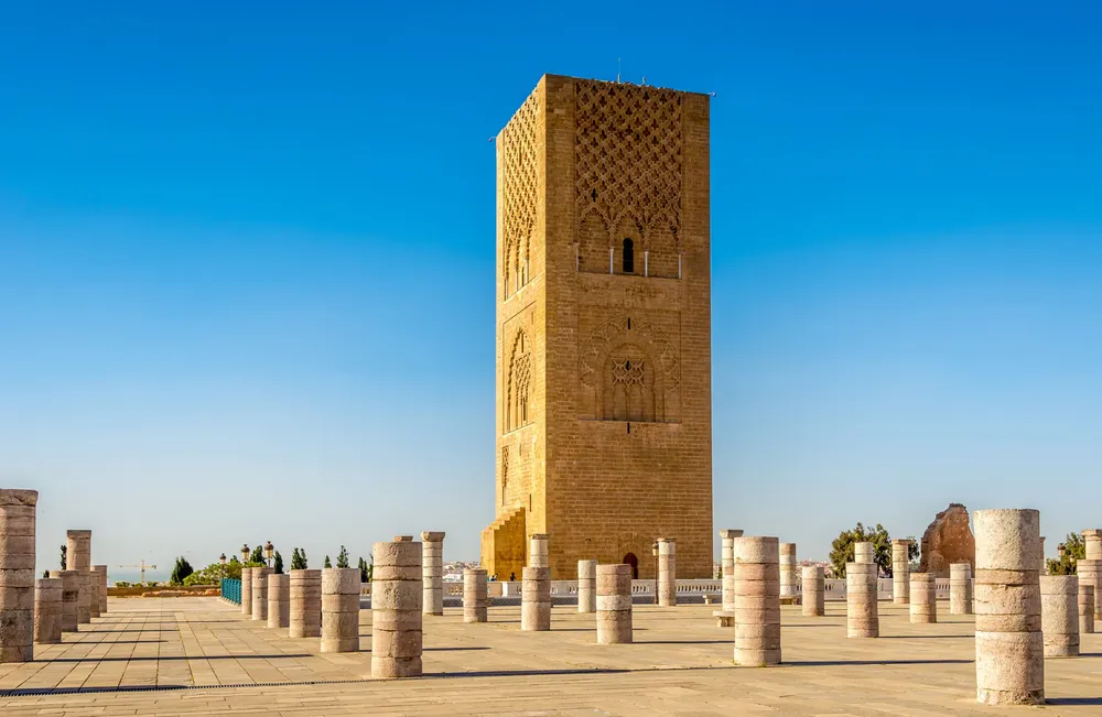 Hassan Tower with the rows of stone columns of the unfinished mosque
